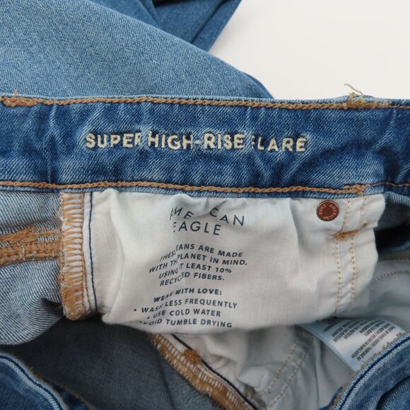 American Eagle Women 6 Extra Short Super High Rise Flare Denim Jeans Distressed - Picture 13 of 15